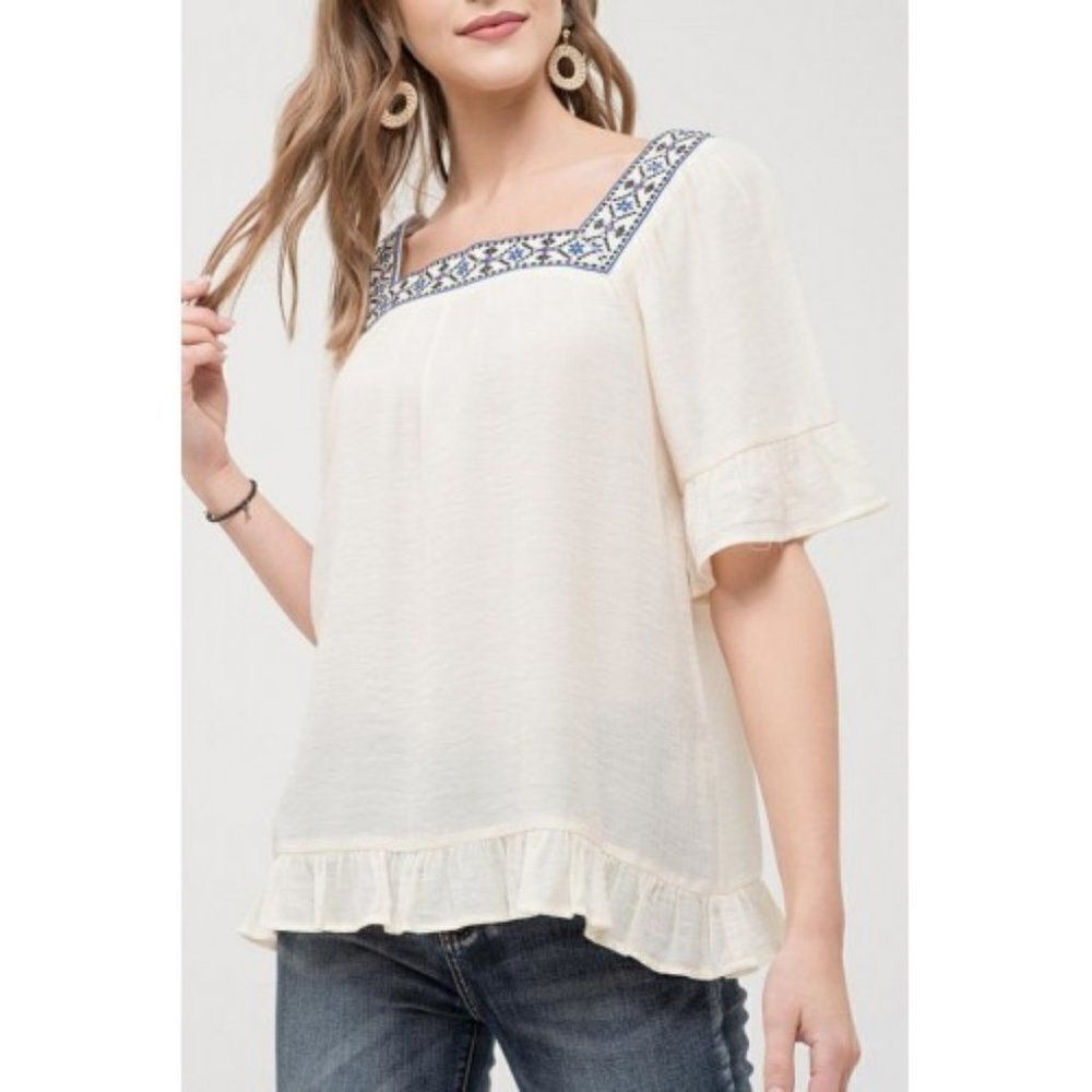 Blu Pepper Embroidered Ruffle Trim Blouse #044 - Picture 2 of 11